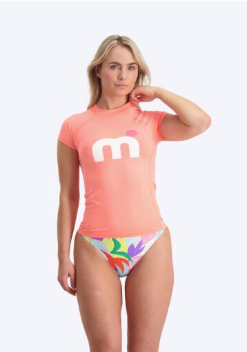 Mistral Short Sleeve Miami Lycra Woman - Peach lycra's white pink logo Pink Peach front