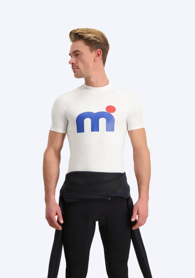 Mistral Short Sleeve Lycra Orlando Men - White lycra's blue red logo white front